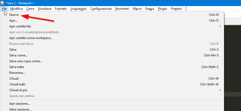Creare un nuovo file con Notepad++