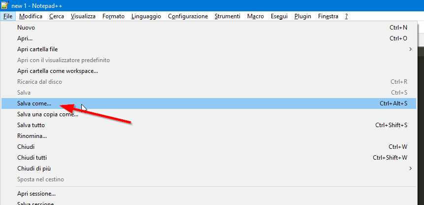 Salvare un nuovo file con Notepad++