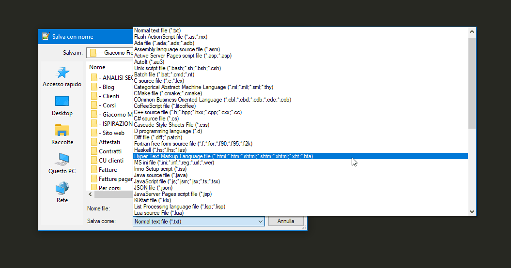 Impostare homepage tramite htaccess: Scegliere il formato di salvataggio del file