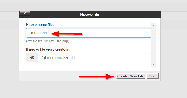 Impostare homepage tramite htaccess: Salvare il file creato
