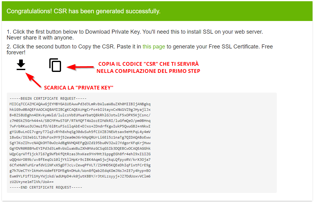 Private Key e esportazione CSR