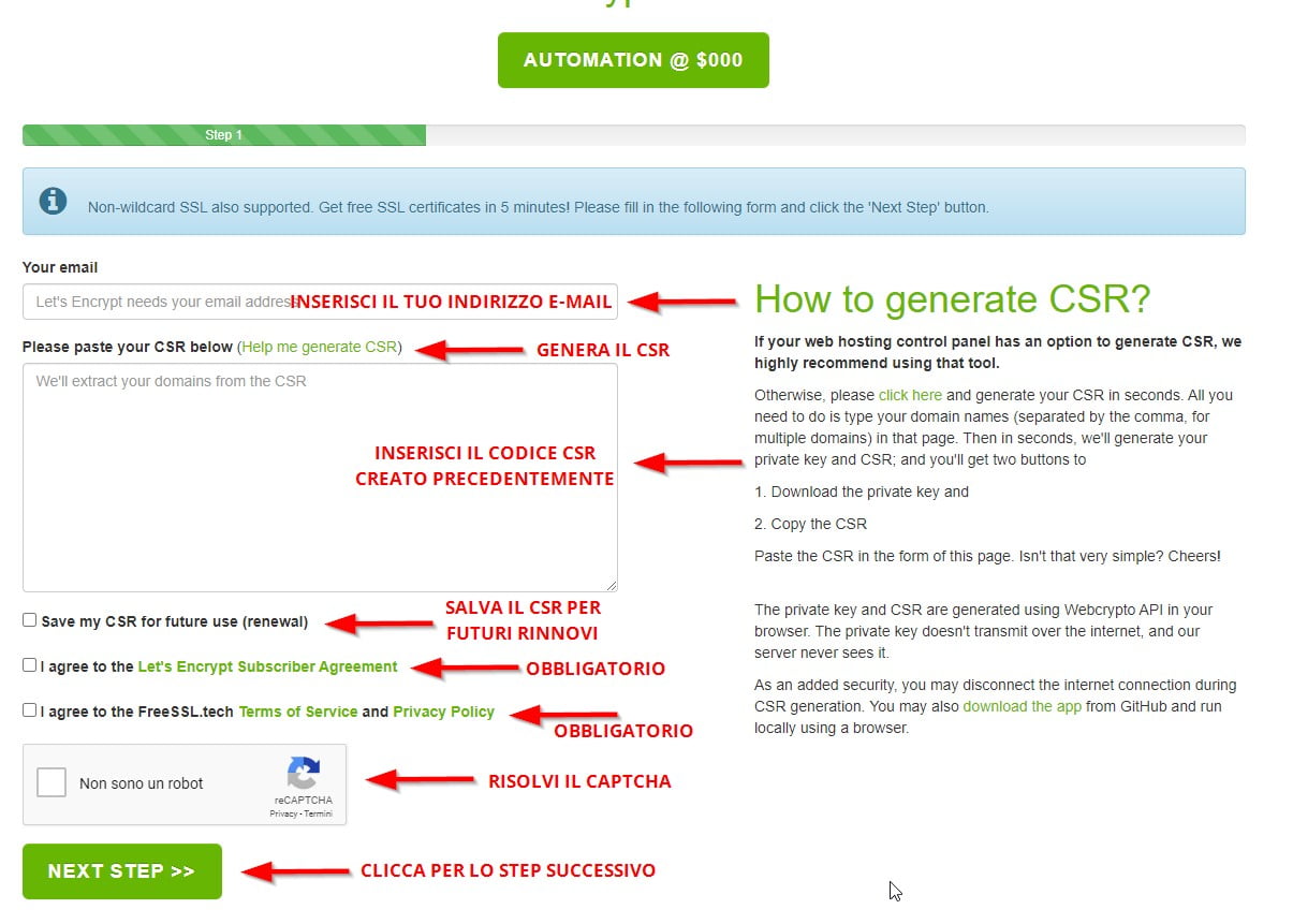 Certificati https gratuiti: creazione certificato, step 1